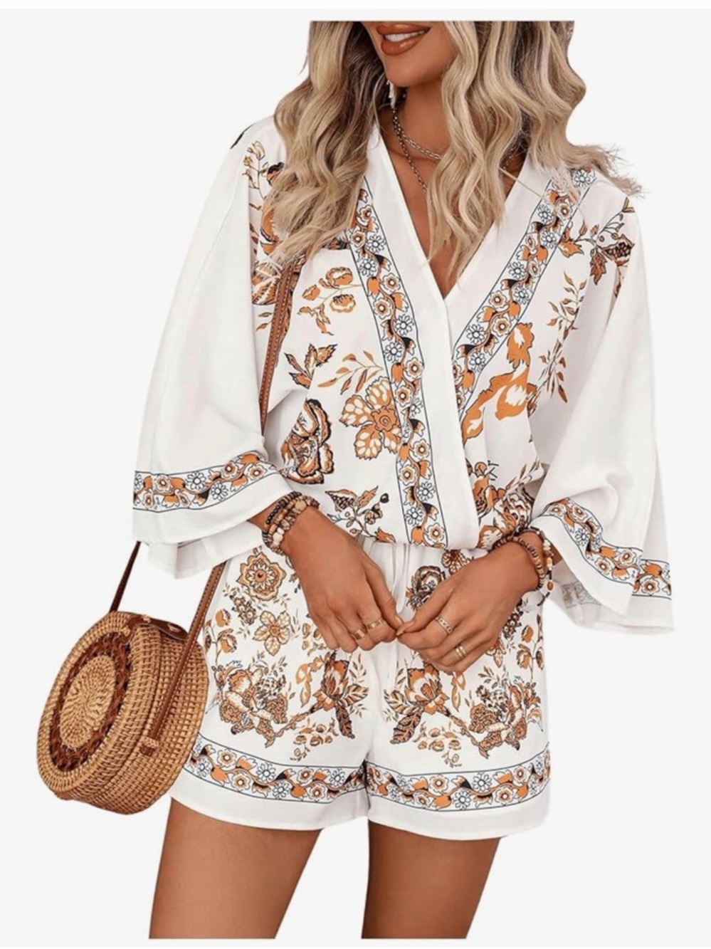 New Amazon White/Brown Floral Print Women's Short Set, Size Large - Picture 4 of 14